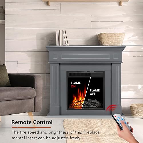 Miniatura 3 de R.W.FLAME Chimenea eléctrica con chimenea envolvente de madera, chimenea independiente gris, soporte de TV con troncos y jaspeado, marco LED 3D