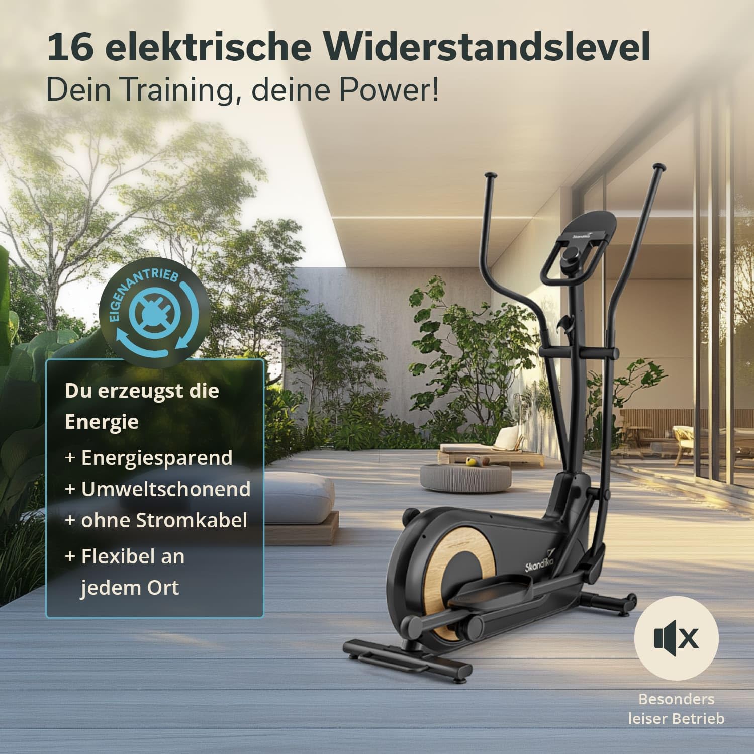 Skandika Crosstrainer Carbon P24-RG | Ellipsentrainer leise ohne Strom mit Generator, 16 Widerstandsstufen, bis 150 kg, computergesteuert, elektronischer Widerstand, Ellipsen Crosstrainer für Zuhause