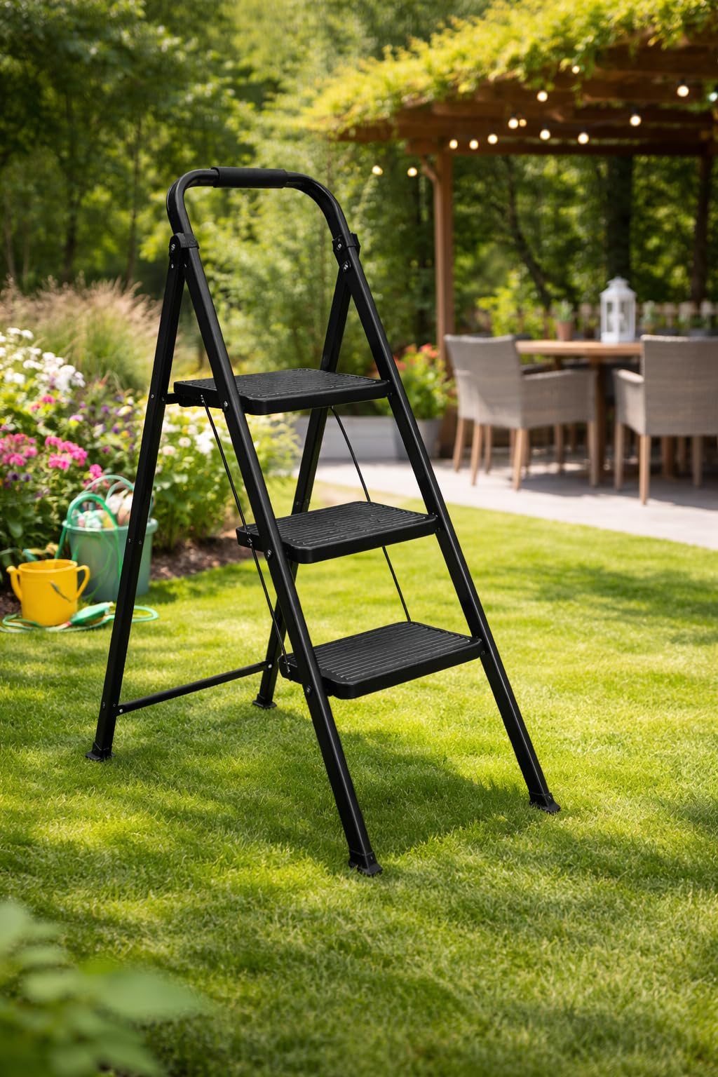 Escabeau 3 Marches Pliable - Marche Pied Antidérapant et Stable avec Poignée en Acier Robuste - Échelle de Bricolage Compacte pour Maison et Jardin - Charge 150 Kg (3 Marches)