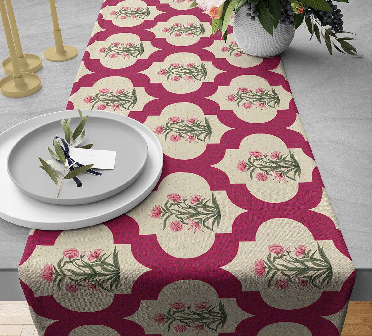 India Circus by Krsnaa Mehta Poppy Flower Scarlet Printed Blended Canvas 6 Seater Table and Bed Runner (94 x 14 inches)