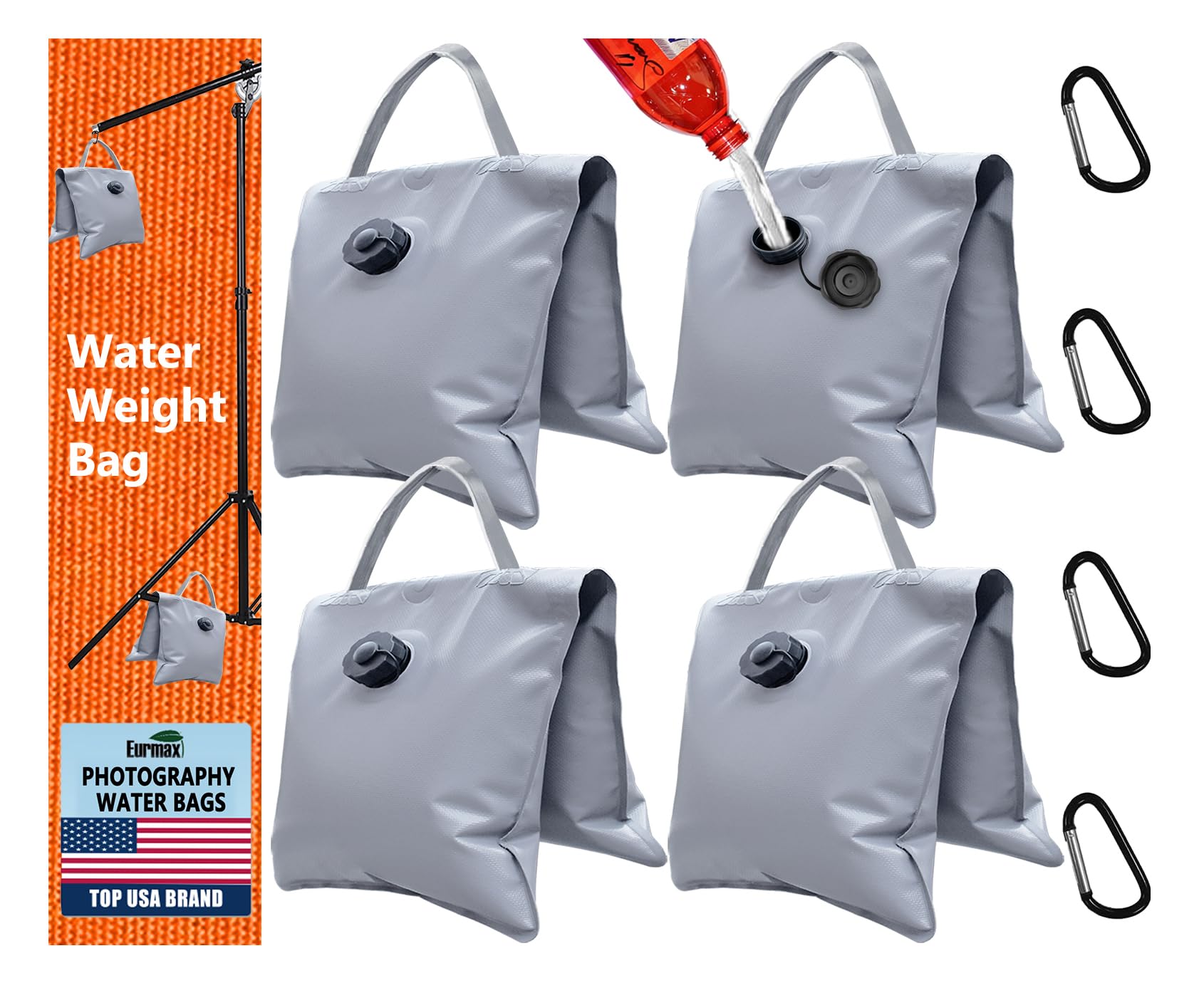 Eurmax USA 4Pcs Pack Water Weight Bags for Light Stand Photography Video Equipment,Heavy Duty Saddlebag for Backdrop Stand,Photo Tripod,Canopy,