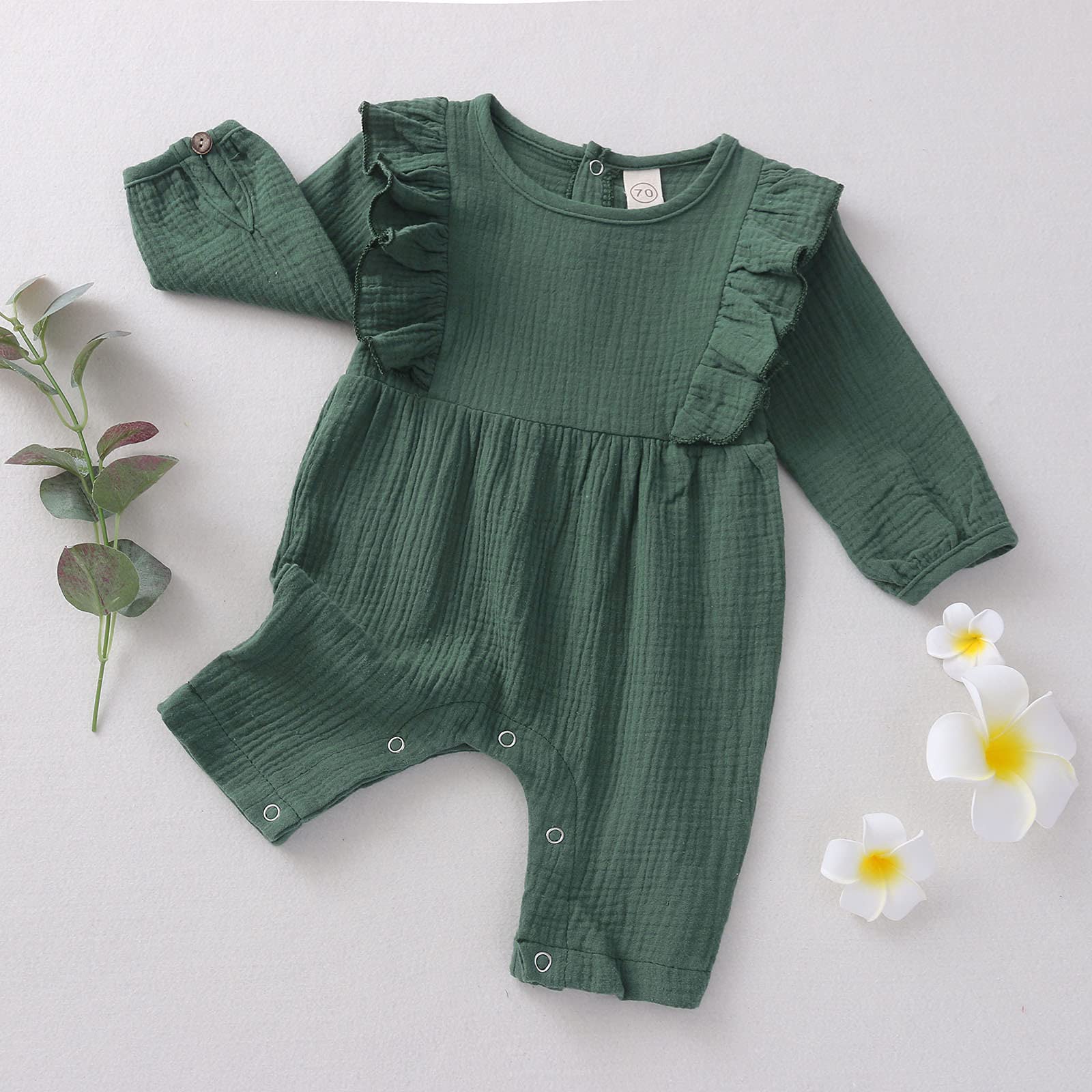 WASAIGOOD Newborn Baby Girl Ribbed Jumpsuit Long Sleeve Ruffle Romper Cotton Linen Solid One-Piece Outfits Clothes (green,18-24 months)