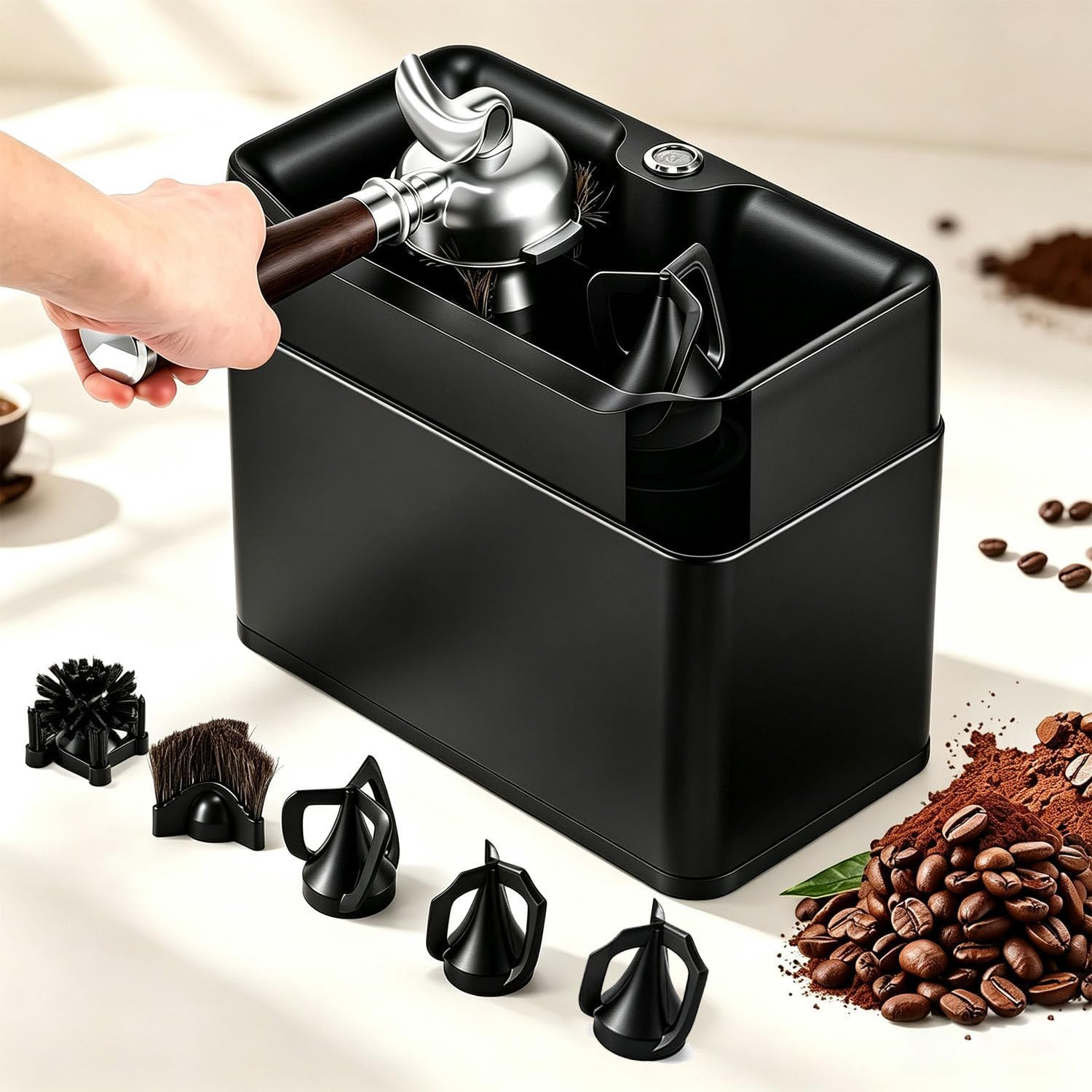 Máquina automática para limpiar restos de café y portafiltros; limpiador eléctrico con 3 raspadores y 2 cabezales de cepillo; capacidad de 3 L, compatible con portafiltros de 51 mm y 58 mm. Black