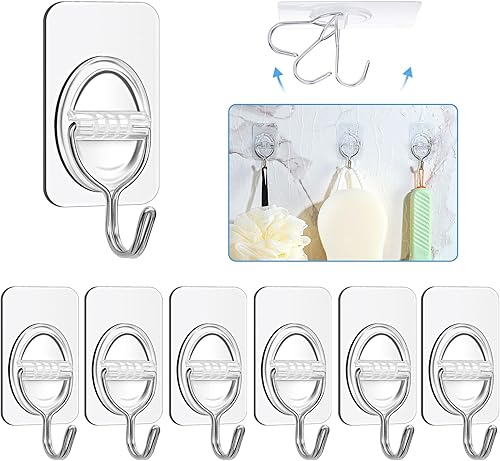 LOUXPERT Ganchos de pared adhesivos para colgar, 6 ganchos de 4.4 libras, ganchos transparentes adhesivos, ganchos de pared de acero inoxidable 201,