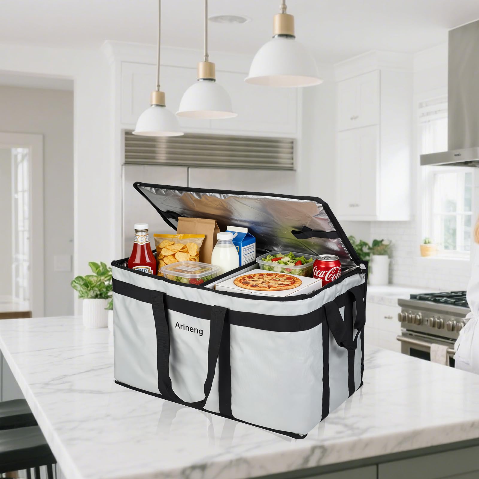 Borsa termica per la consegna del cibo, borsa termica per pasti freddi, piastra di base integrata, per cibo caldo e freddo, trasporto commerciale di catering, 58,4 x 35,6 x 38,1 cm (divisoria