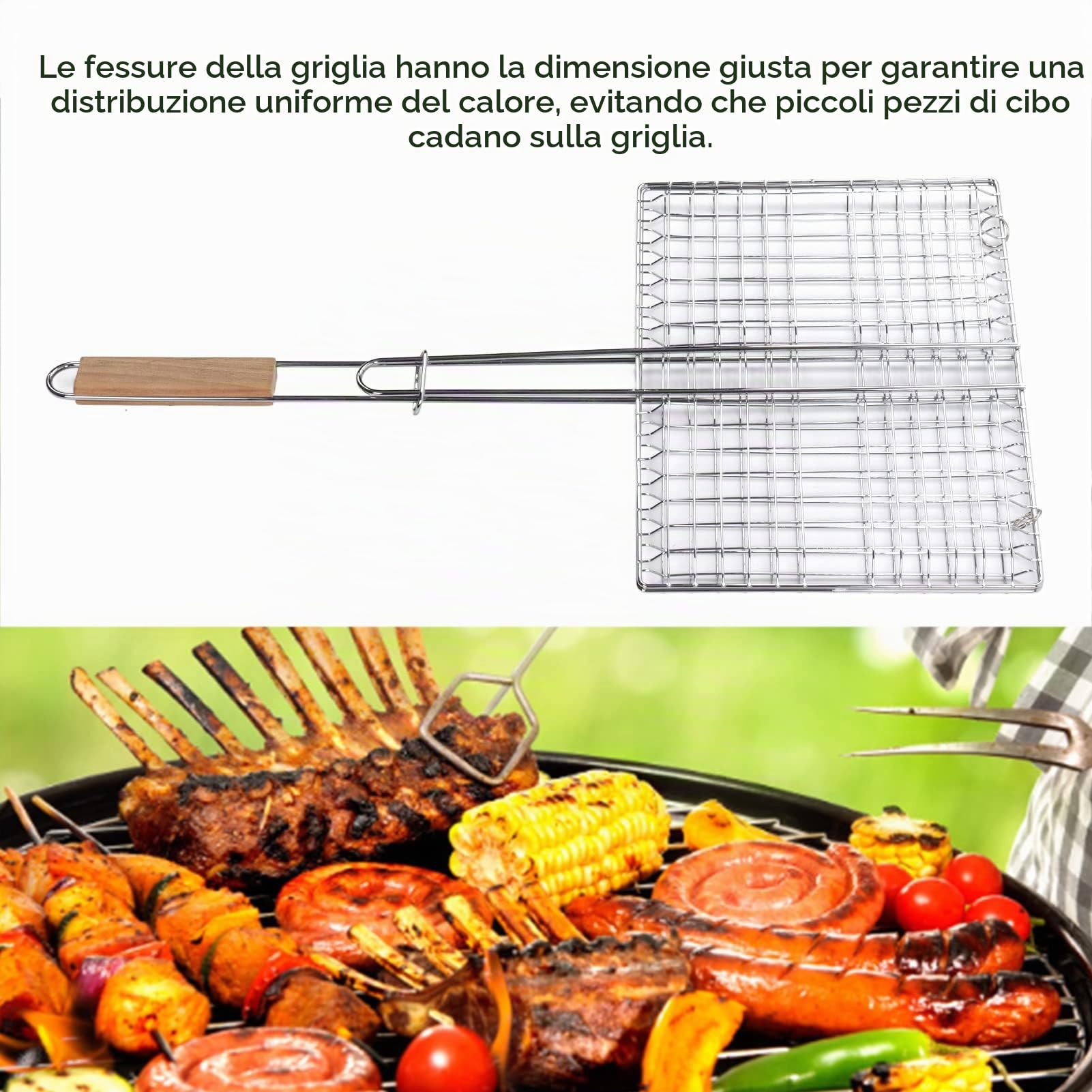 Cestello per griglia, griglia in acciaio inossidabile, distribuzione uniforme del calore, antiruggine, facile da fissare, griglia per pesci, manico in faggio antiscottatura, griglia per barbecue