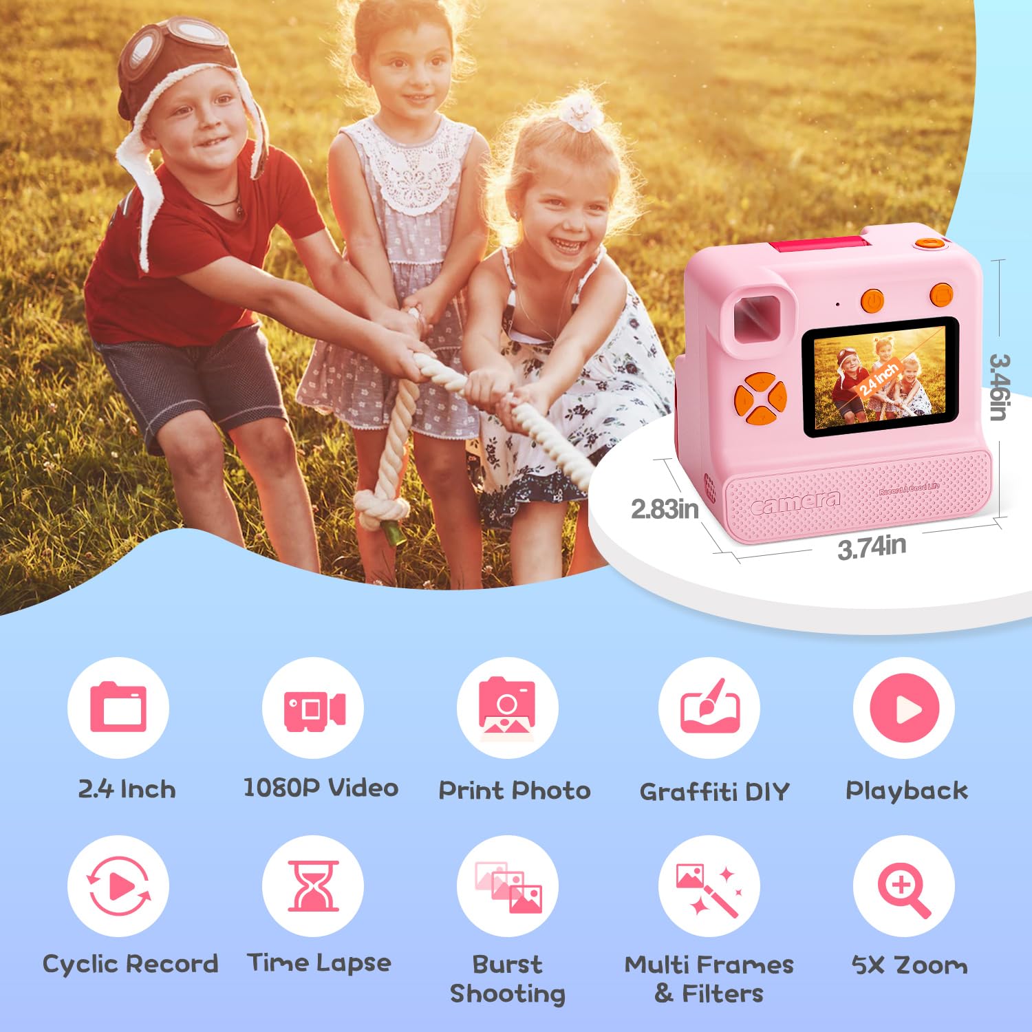 Appareil Photo Instantané Enfant - Écran 2.4" - Impression Sans Encre - Carte 32Go - Selfie - Vidéo - Jeux - Cadeau 3-14 Ans - Violet