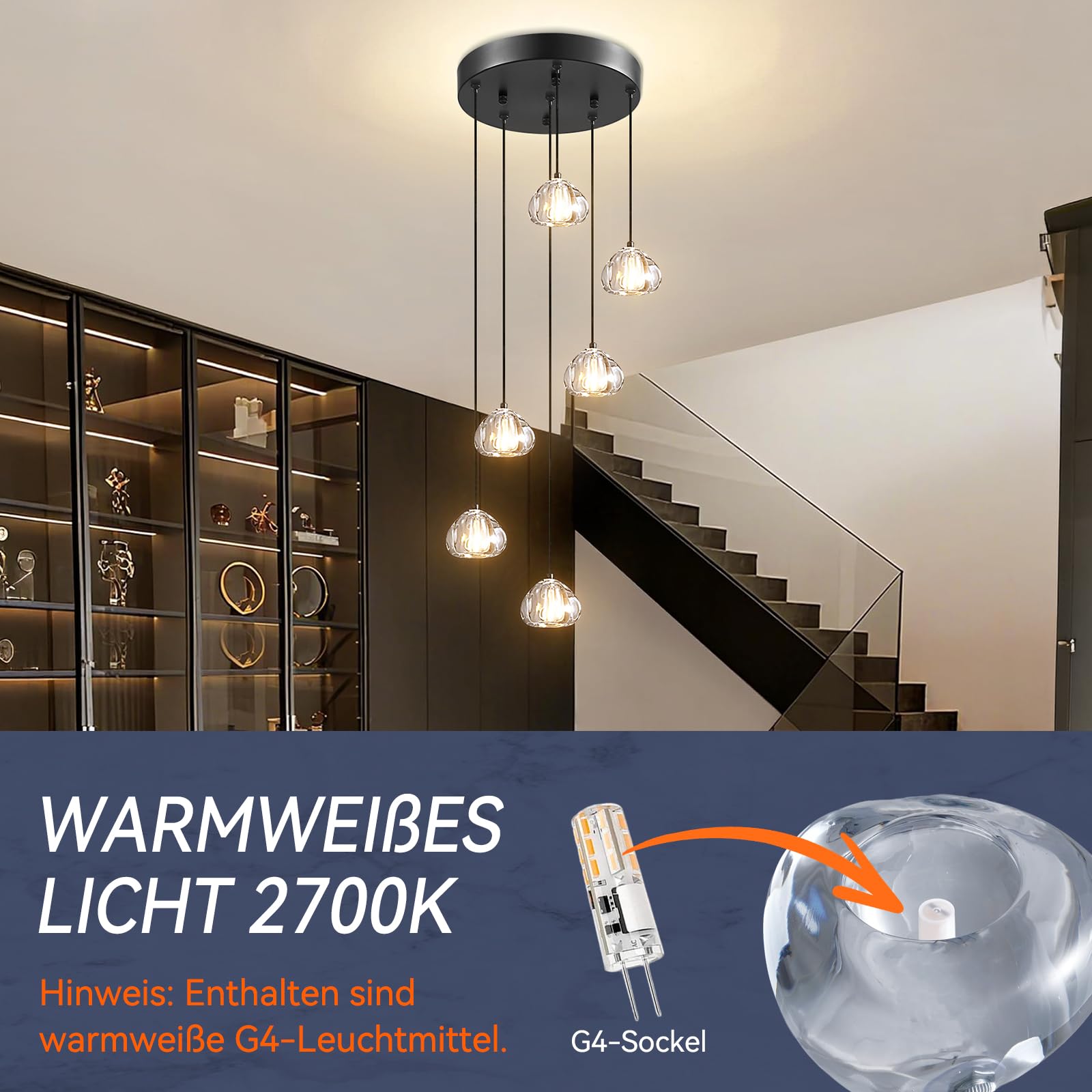 H.W.S Nowoczesna lampa wisząca LED, żyrandol Villa, regulowana wysokość, lampa wisząca szkło, do salonu, jadalni, przedpokoju, schodów, hotelu (6-punktowa, Okrągła, Czarna)