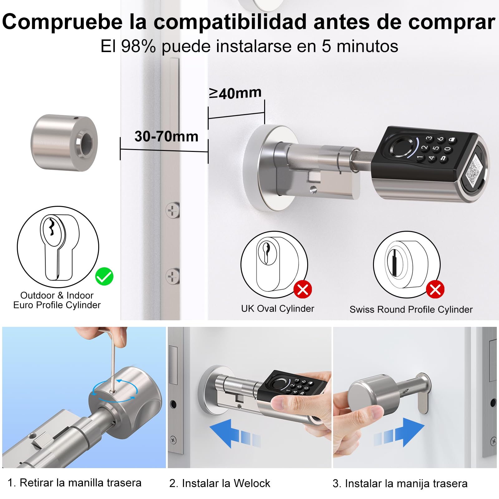 WELOCK ToucA51 Cerradura inteligente,Cerradura con huella digital,Código,Tarjeta RFID,APP,Cerradura Electronica WiFi,Smart Lock IP65,Fácil de Instalar,cerradura inteligente puerta exterior de 30-70mm