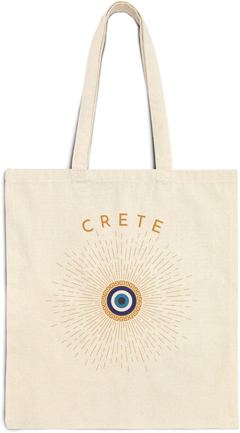 Stylish Evil Eye CRETE Island Tote Bag Cotton Canvas