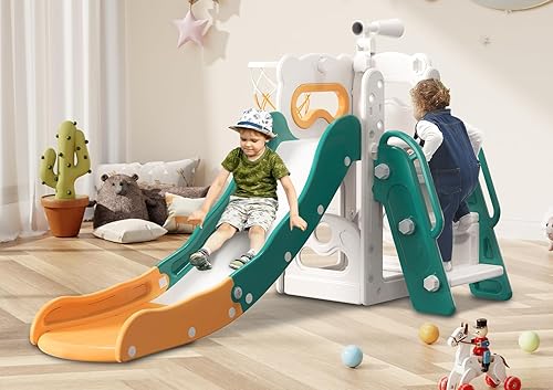 Babytronic Tobogán infantil 6 en 1 para niños pequeños de 1 a 3 años, parque infantil para interiores y exteriores con aro de baloncesto y