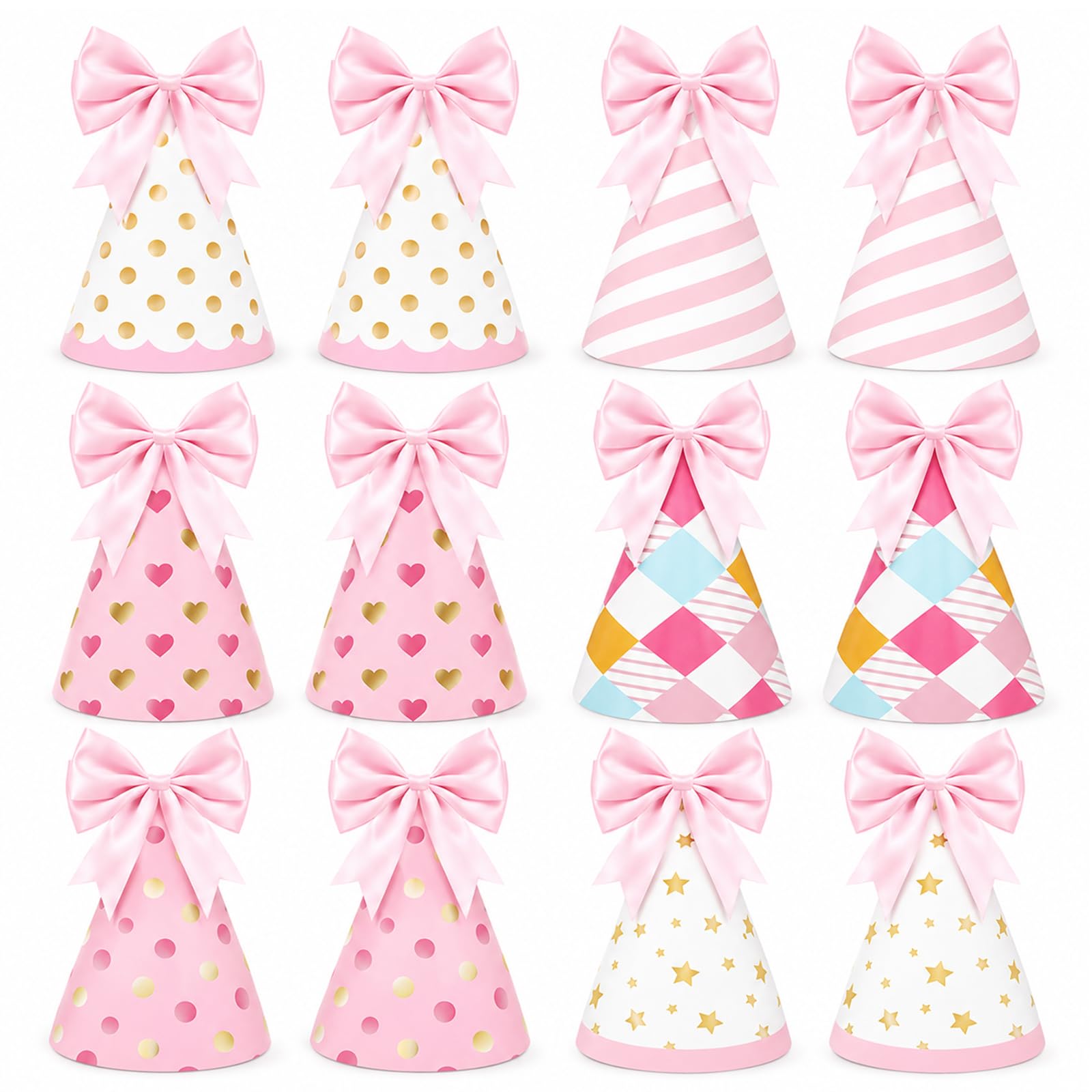 VELKEZ 12 Mini Pet Party Hats for Kids, Teddy Bear Cone Hats - 6 Styles 2 Each, Pink Bows, Birthday Hats for Toy Animals & Children's Celebrations
