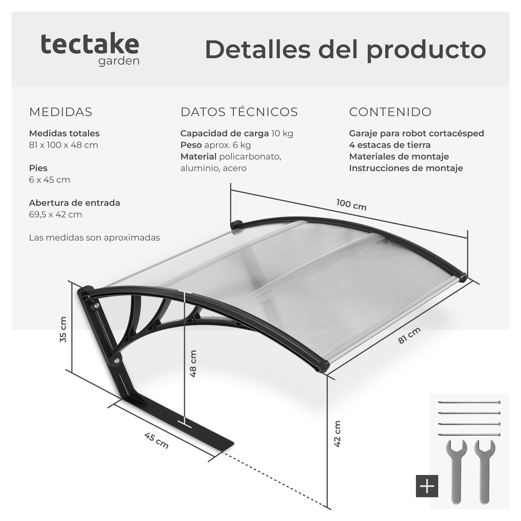 tectake® Garaje para Robot Cortacesped con Estructura Metálica Reforzada, Techo Abovedado Robot cortacesped para Drenaje Eficiente, Casa Jardin Lluvia - 100 x 81 x 48 cm Transparente