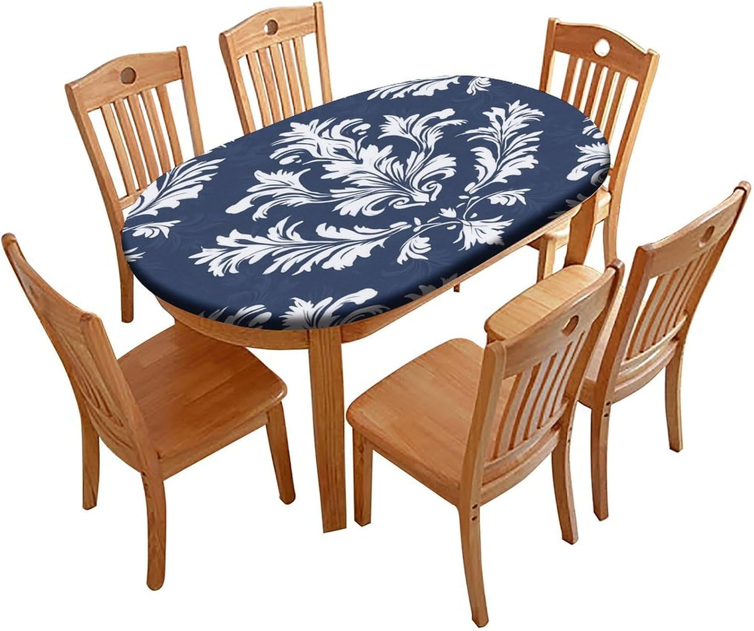 Oval Clear Plastic Tablecloth Protector, Navy Blue Damask Pattern Printed on Oval Fitted Table Cover, Ideal for Outdoor Gatherings Buffets Cafes & Family Meals, Fits for 54" x 76" Oval Tables