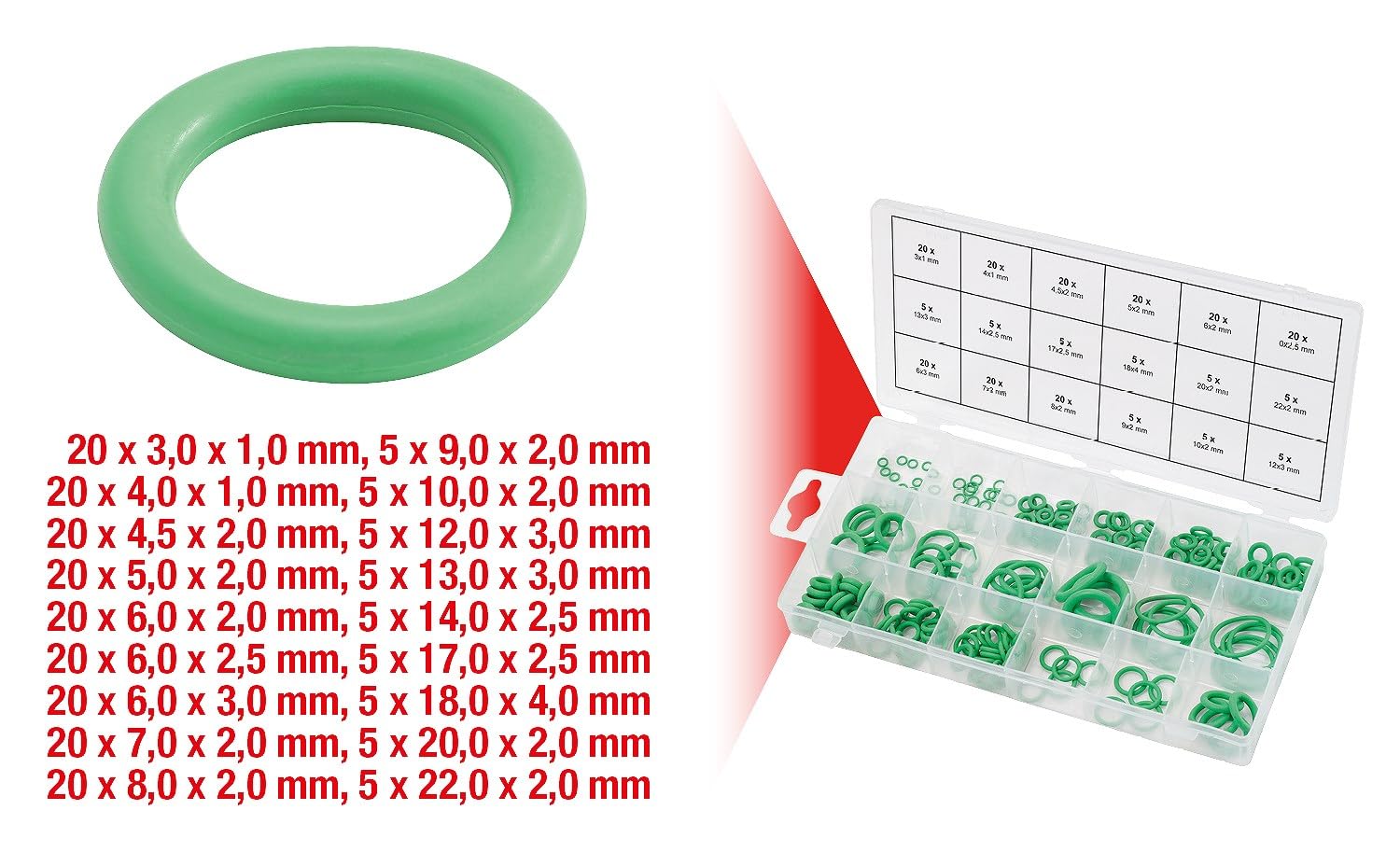 KS Tools 970.0260 Surtido de juntas tóricas de HNBR para climatización, 225 pzs