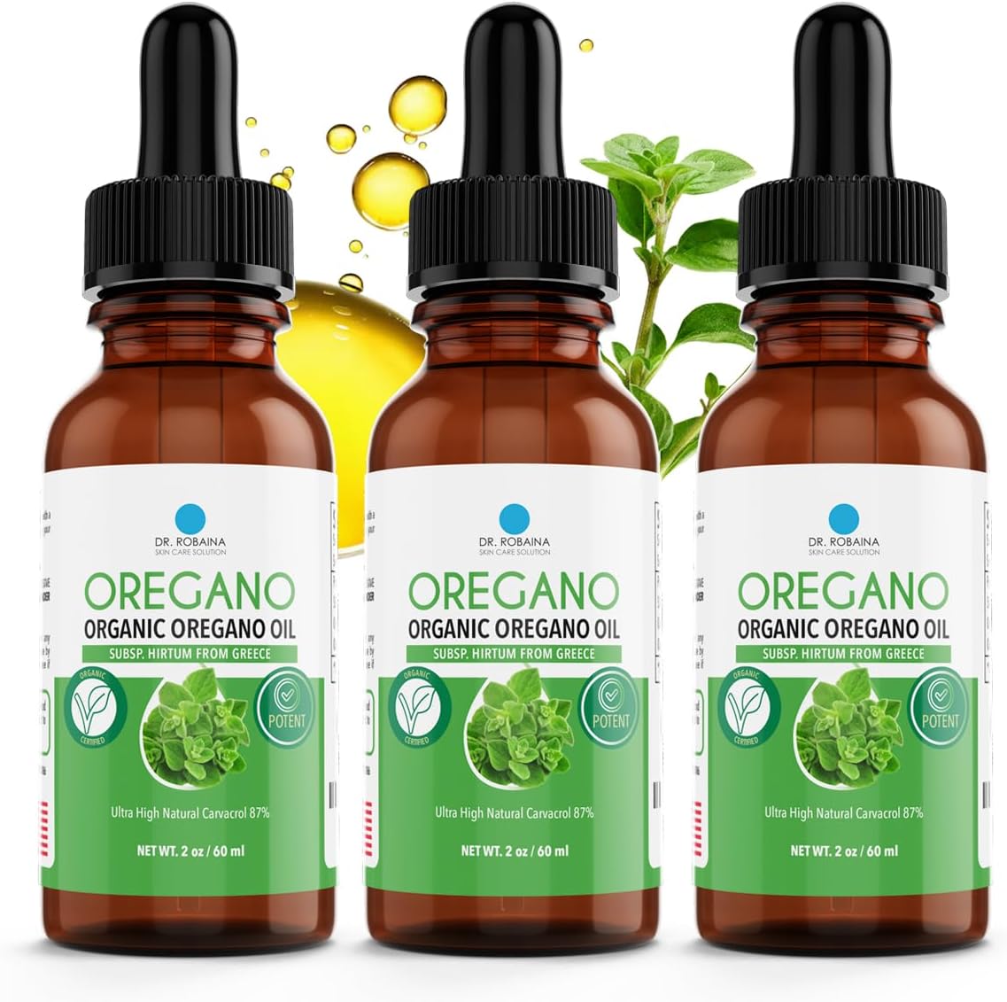 Dr. Robaina Organic Oil of Oregano Drops 87% Carvacrol – Wild Greek Oregano (Hirtum) Cold-Pressed in EVOO – 432 Servings – Immune & Digestive Support – Alcohol-Free, Vegan, Non-GMO