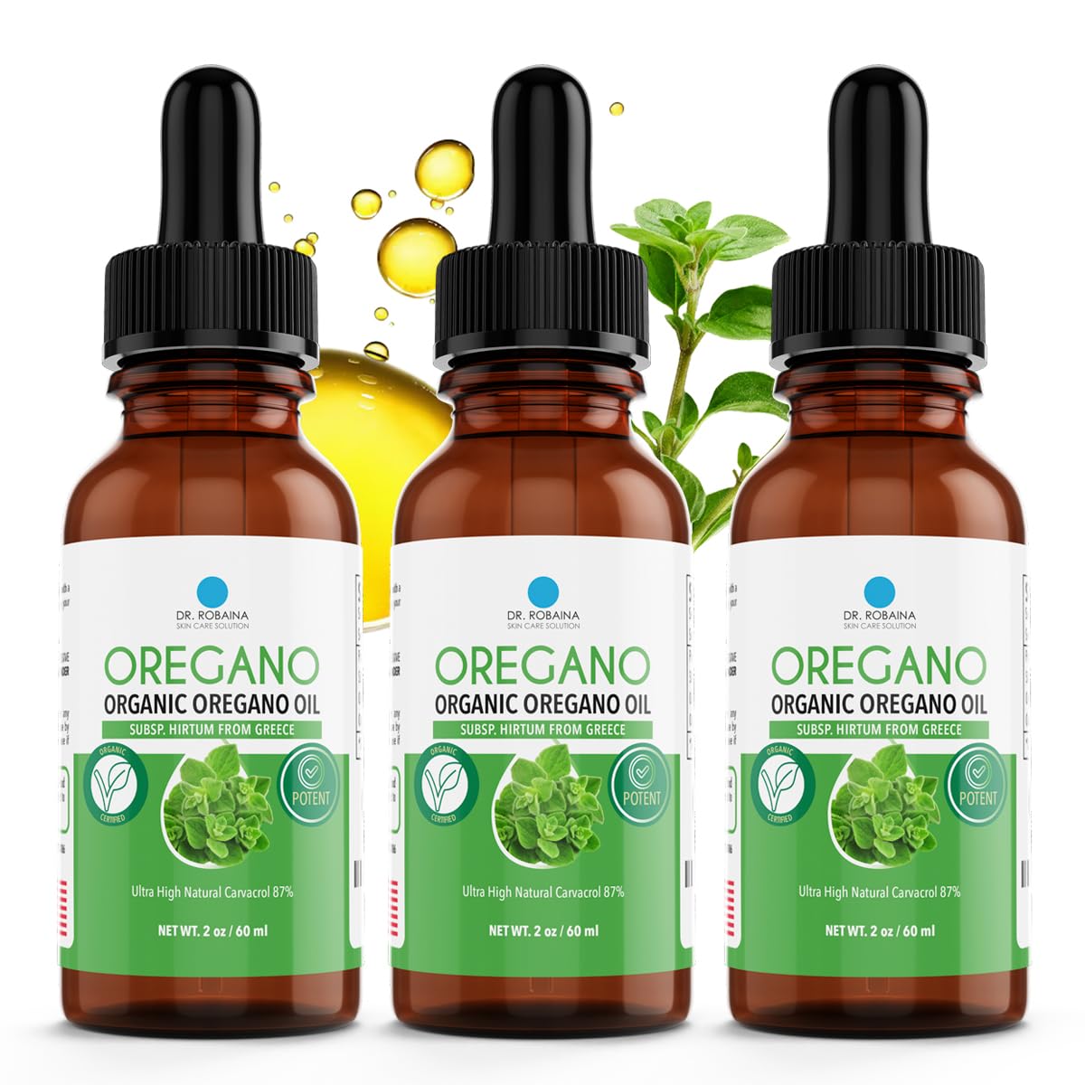 Dr. Robaina Organic Oil of Oregano Drops 87% Carvacrol – Wild Greek Oregano (Hirtum) Cold-Pressed in EVOO – 432 Servings – Immune & Digestive Support – Alcohol-Free, Vegan, Non-GMO 3 Units