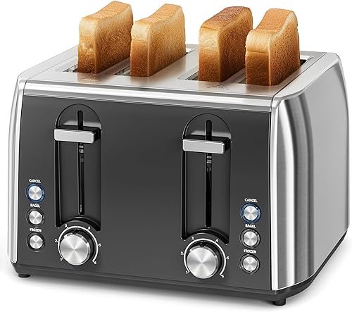 Tostadora de 4 rebanadas, 6 ajustes de tostado, bandeja extraíble para migas, tostadora de pan de acero inoxidable para bagels, magdalenas, gofres,