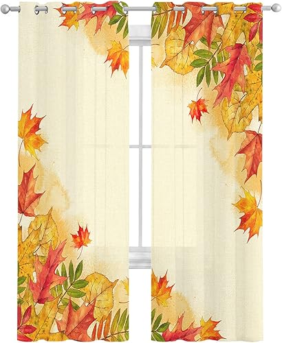 Cortinas traslúcidas de hoja de arce de 39 pulgadas de largo, juego de 2 paneles de cortinas para cocina, dormitorio, sala de estar, puerta,