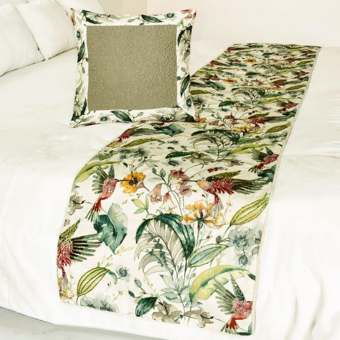 The HomeCentric King Queen Twin Ivory & Multi Designer Queen 74"x18" Bed Runner Without Pillow Cover, Bird, Sequins & Beaded Bed Scarf on Cotton Fabric - Exotic Birds