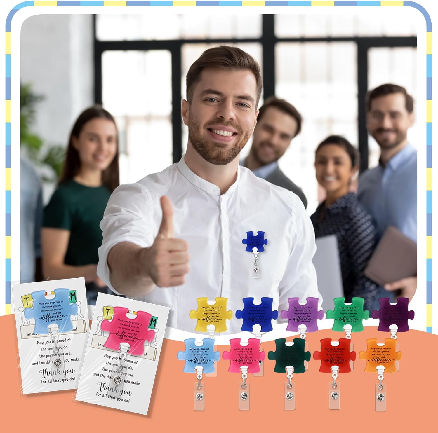 ReliThick 40 Set Employee Appreciation Gifts Bulk, Puzzle Badge Reel Set with Thank You Cards, Retractable ID Badge Holder for Nurse Teacher Staff Team Office Hospital School (Proud of You)