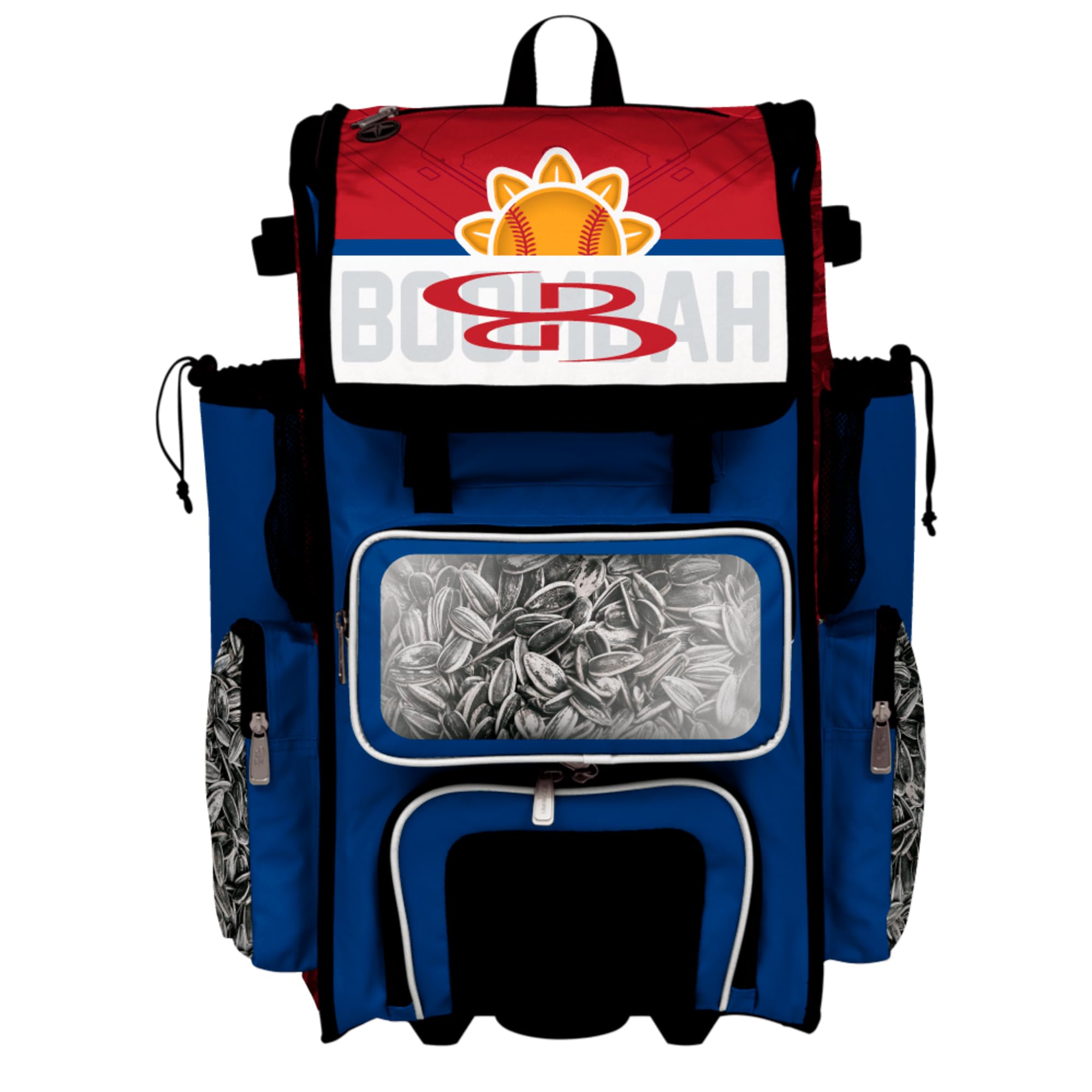 Boombah Rolling Superpack Baseball/Softball Gear Bag - Telescopic Handle - Holds 4 Bats - Wheeled Version - Sunflower Seeds Royal Blue/Red/White