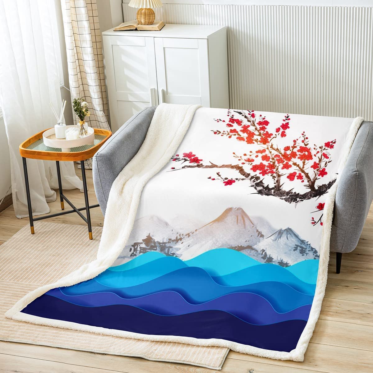 Homewish Bettdecke im Ukiyoe Stil Kawaii Kirschblüte Überwurfdecke japanischer Stil Plüschdecke Berg Fuji Meereswellen Fleecedecke Blumentinte und Wassermalerei Schlafzimmer Dekodecke, 150 x 200