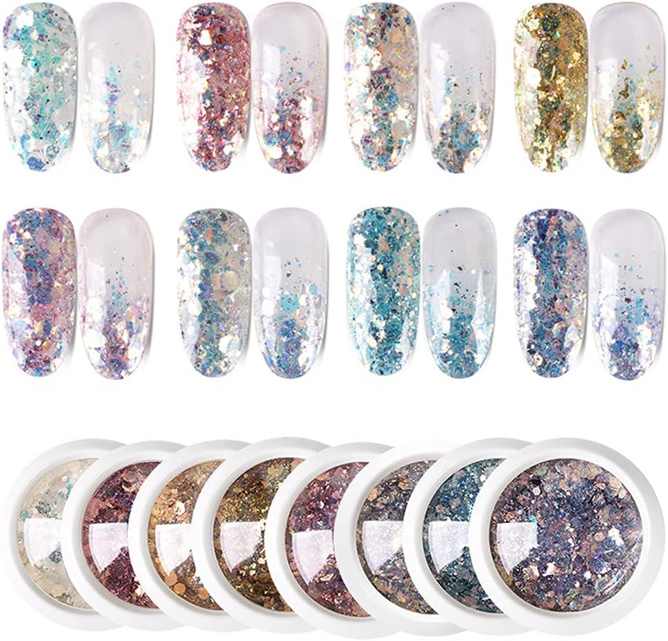 S.A.V.I 8 PCS. DIY Nail Art Gradient Glitter Magic Color Changing Laser Thin Sequins Mixed Mirror Hexagon Shape Mermaid Flakes Spangles Palette Craft Glitters Holographic Manicure (8 PCS)