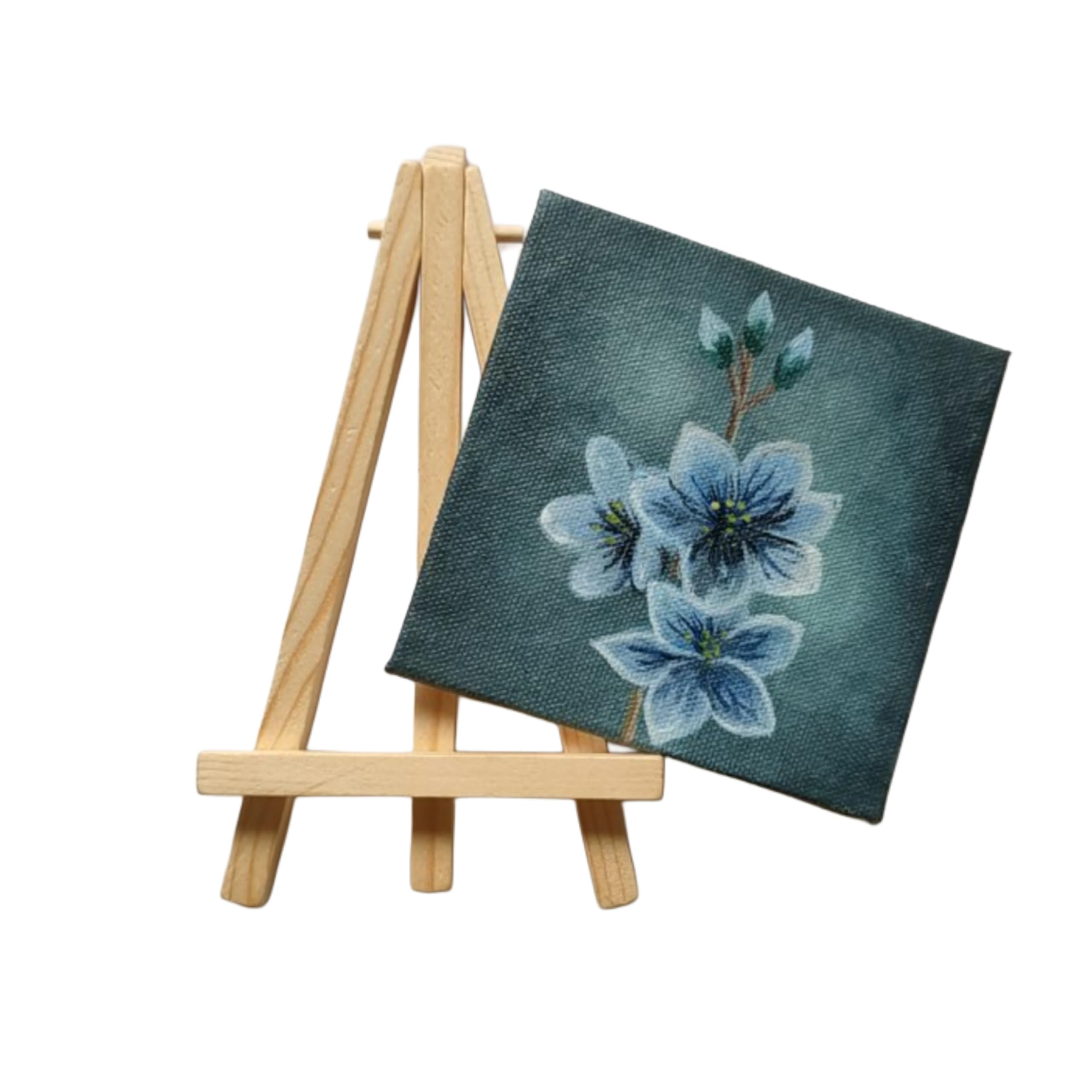 BHAGATH ART STUDIO Mini Canvas Painting with Wooden Easel, Blue Floral Art, 10 cm ×10 cm, Home Decor, Fine Art