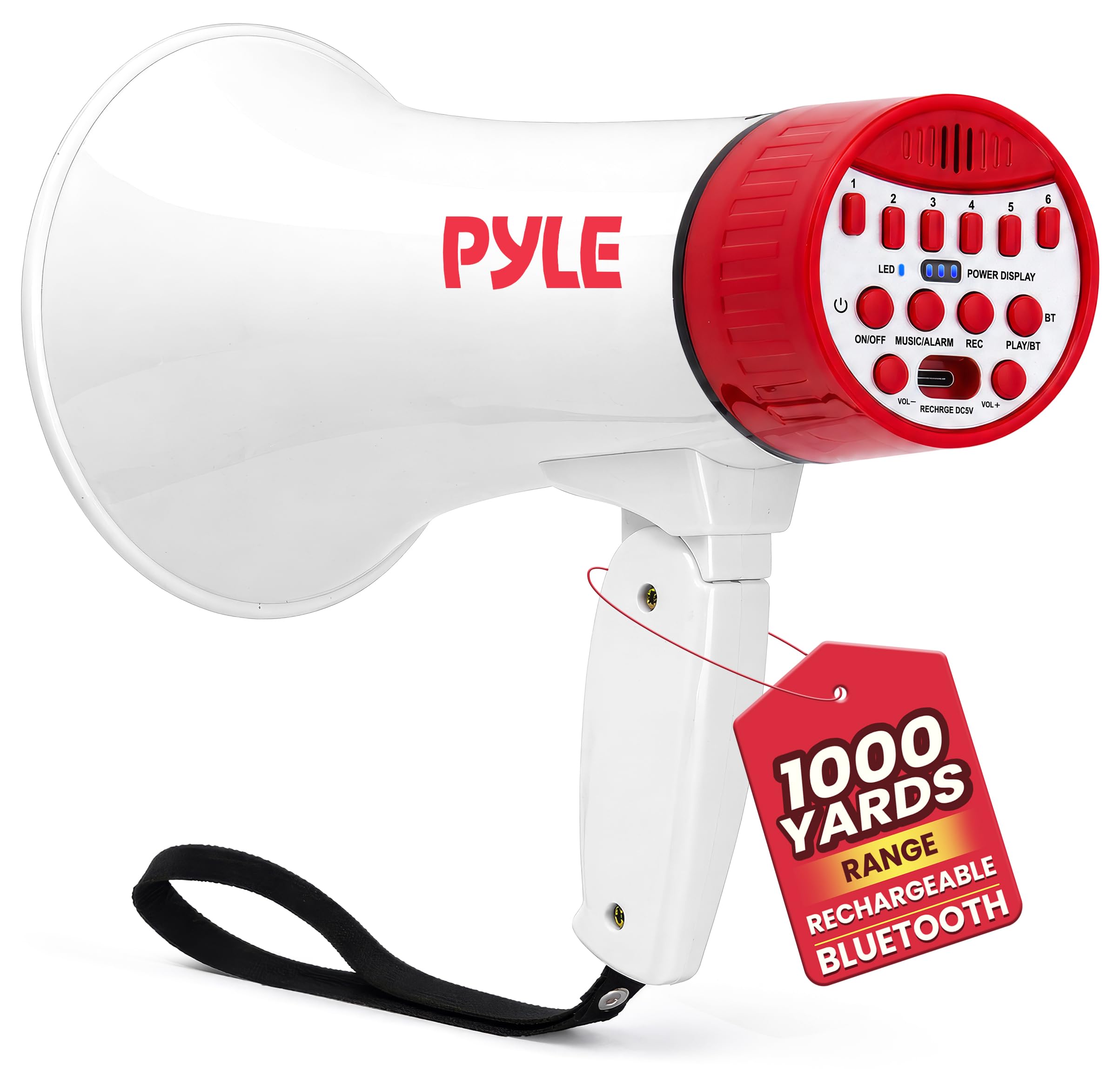 Pyle Megaphone Haut-Parleur 30 W | Mégaphone Bullhorn Rechargeable avec bandoulière, sirène, Bluetooth et changeur de Voix | Portée de 550 m | Enregistrement et Lecture | Design résistant aux