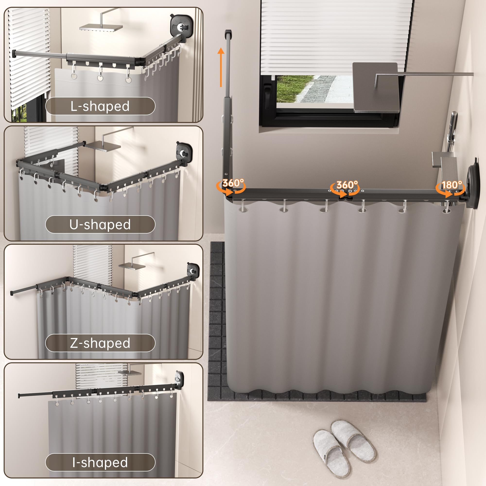 Tenda Da Doccia Pieghevole Senza Foratura con Asta Per Tenda Da Doccia, Ventosa Adesiva Potente Per Bagno con Funzione Angolare Regolabile (Forma L/U), Tenda da Doccia Impermeabile a 5 Pieghe Grigia
