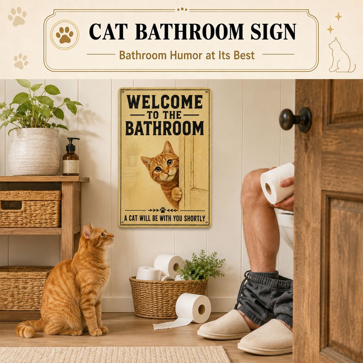 Funny Cat Bathroom Decor Metal Sign, Welcome to the Bathroom A Cat Will Be With You Shortly Sign, Cat Bathroom Wall Art for Cat Lovers, 8x12 Inch