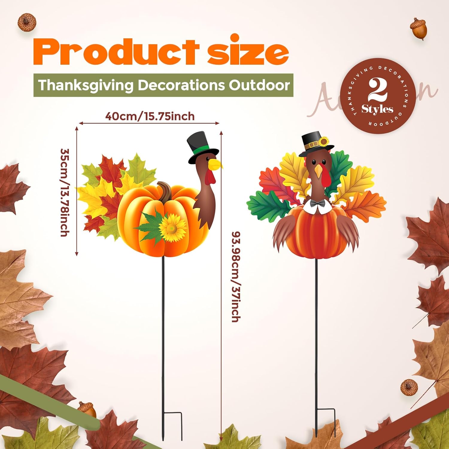 Suzile 2 Pcs Thanksgiving Turkey Decorations Outdoor Metal Turkey Garden Stakes 37 Inch Happy Thanksgiving Autumn Fall Outdoor Decorations for Home Garden Lawn Porch Fall Decor
