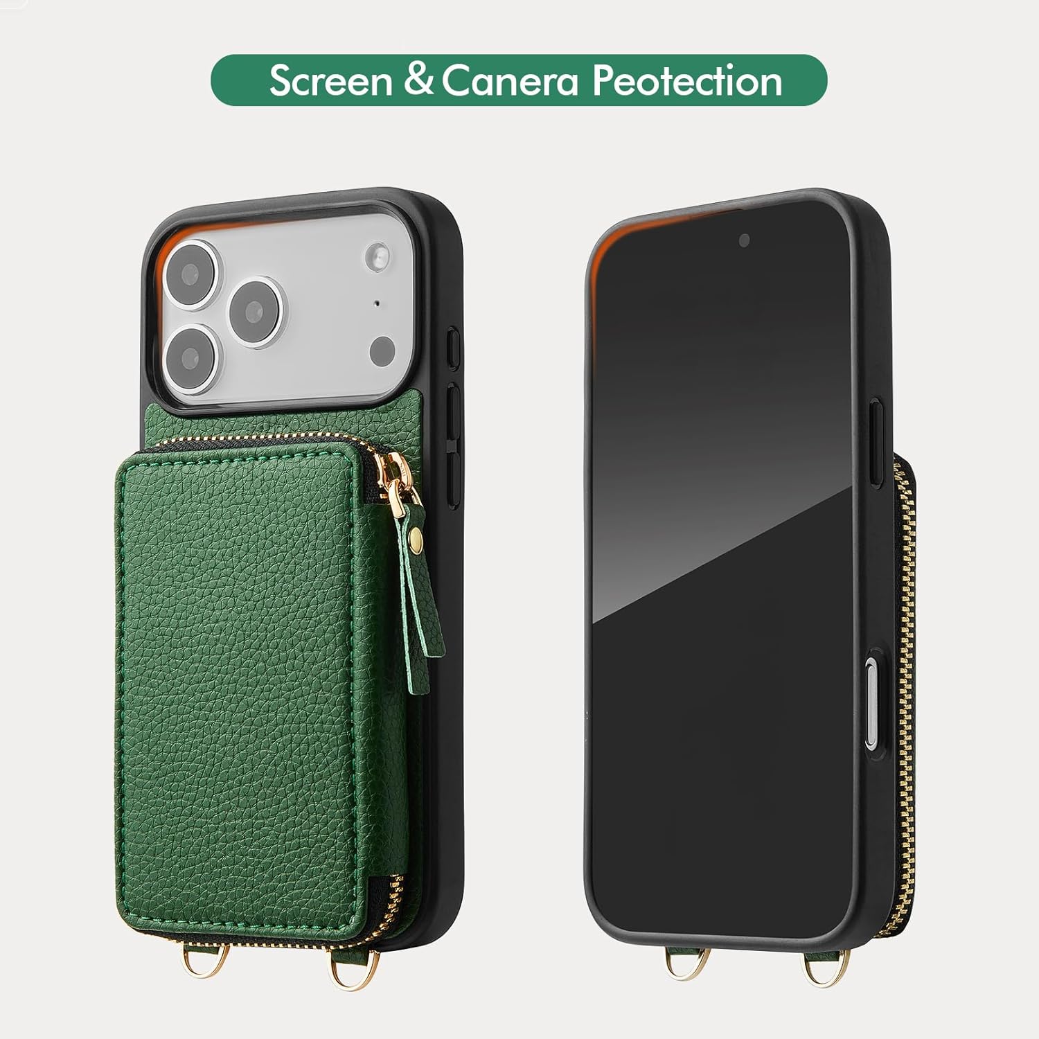 ZVE for iPhone 17 Pro Wallet Case with Card Holder, Crossbody Zipper Leather Phone Cover for Women 6.3" Dark Green - Image 8