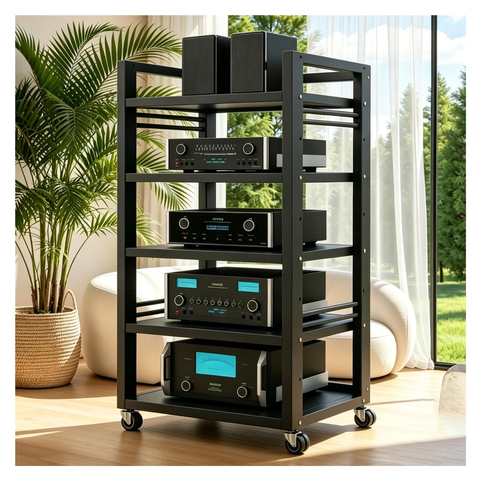 Av Tower Media Stand Supporto 5/7 Livelli，Mobile Giradischi E Porta Vinili Con Ruote Universali, Ripiano Rack Amplificatore, Torre Porta DVD, per Soggiorno(Nero,5tier)
