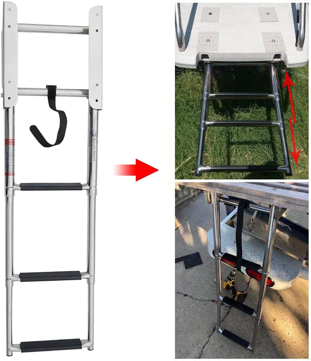 Generic 3 Step Boat Ladder Under Platform,Stainless Steel Pontoon Marine Ladder/Rear Entry Telescopic Ladder with Non Slip Pedal,for Dock Yacht Deck