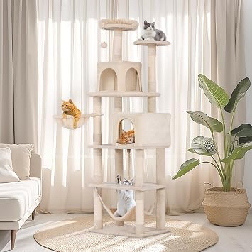 Cat Tree, 68-Inch Cat Tower for Indoor Cats, Plush Multi-Level Cat Condo with 8 Scratching Posts, 2 Perches, 2 Caves, Hammock Beige