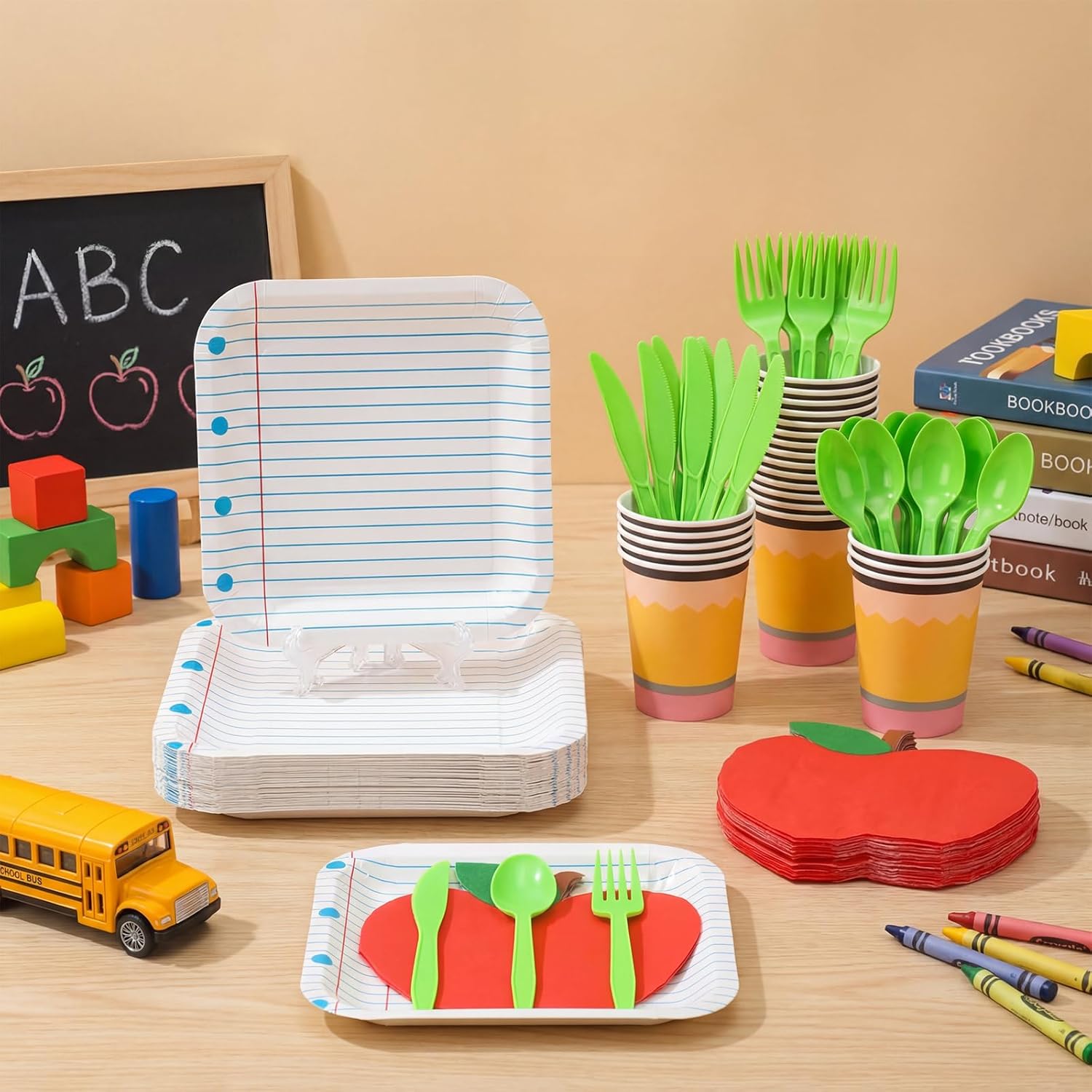 200 Pcs Teacher Appreciation School Themed Party Supplies Notebook Paper Plates Napkins Cups Disposable Tableware Set for Preschool Kindergarten Graduation Back to School Party Decoration, Serves 25