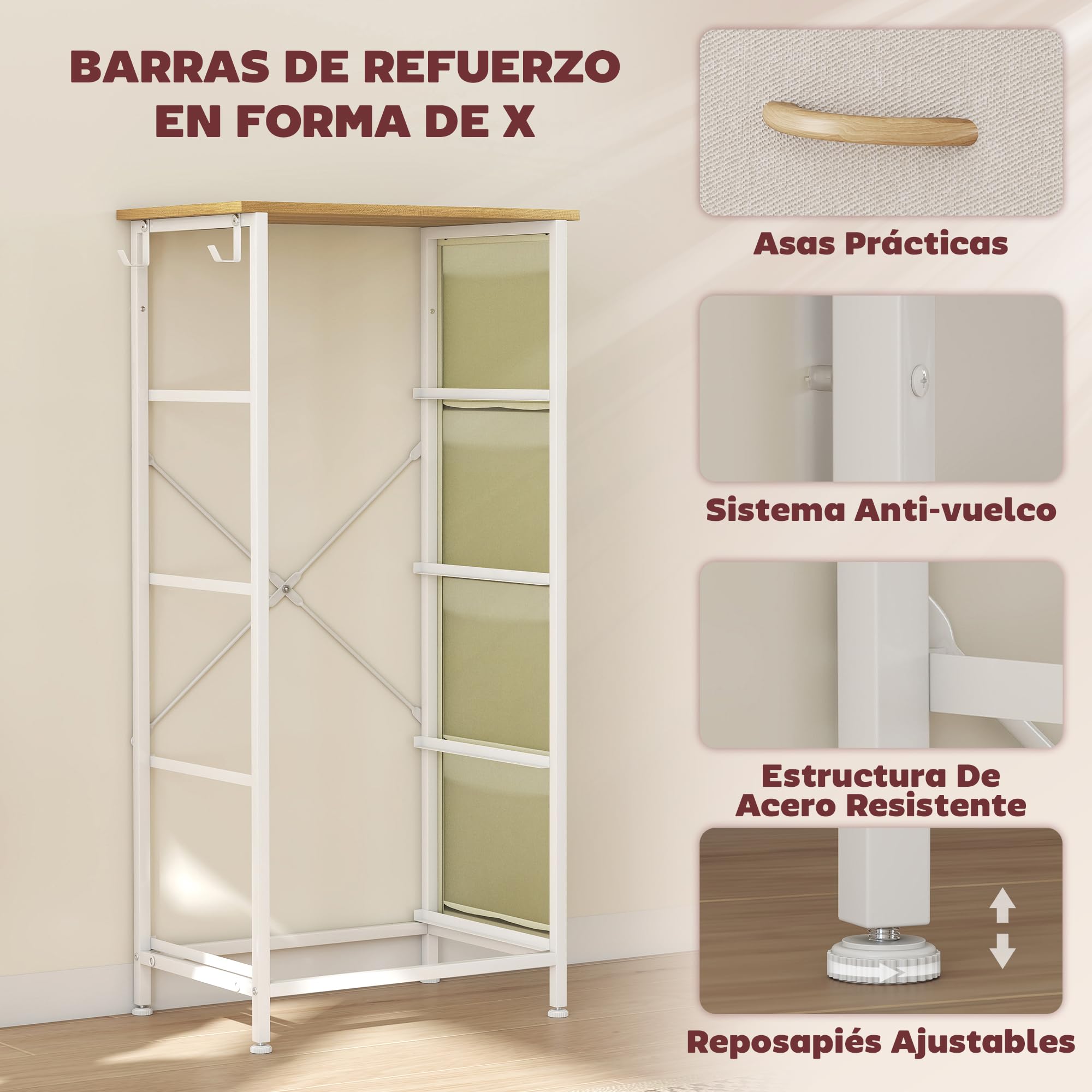 HOMCOM Cajonera de Tela Alta Cómoda con 4 Cajones 4 Bolsillos Laterales 2 Ganchos y Estructura de Acero Cómoda para Dormitorio Sala de Estar Pasillo Beige