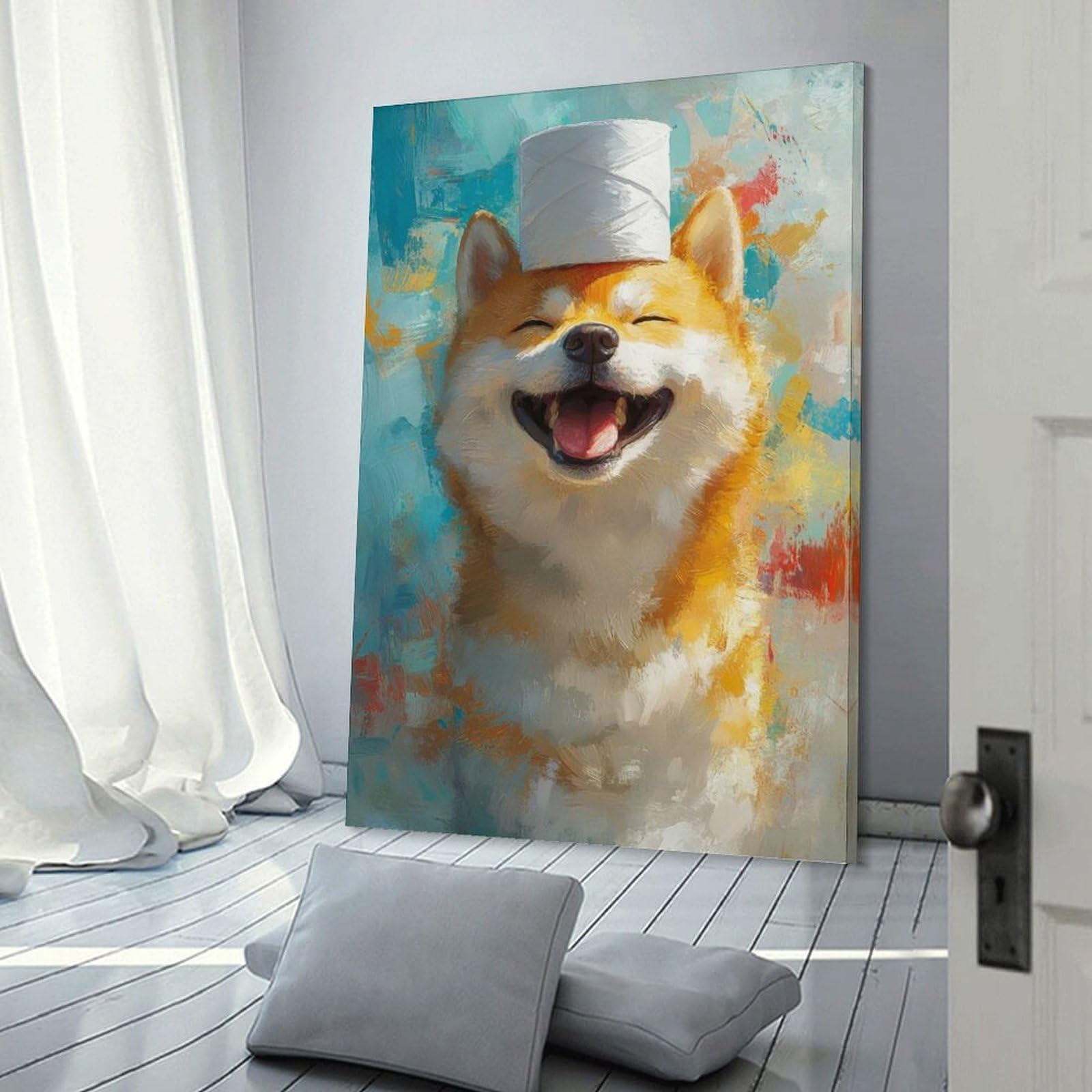 Junmoney Frame-Style-17 Smiling Shiba Inu With Toilet Paper Hat Hanging Wall Art, 08X12inch(20X30cm), For Entrance Walls, Hall Decor Or Foyers, Wall Decor To Refresh Empty Corners