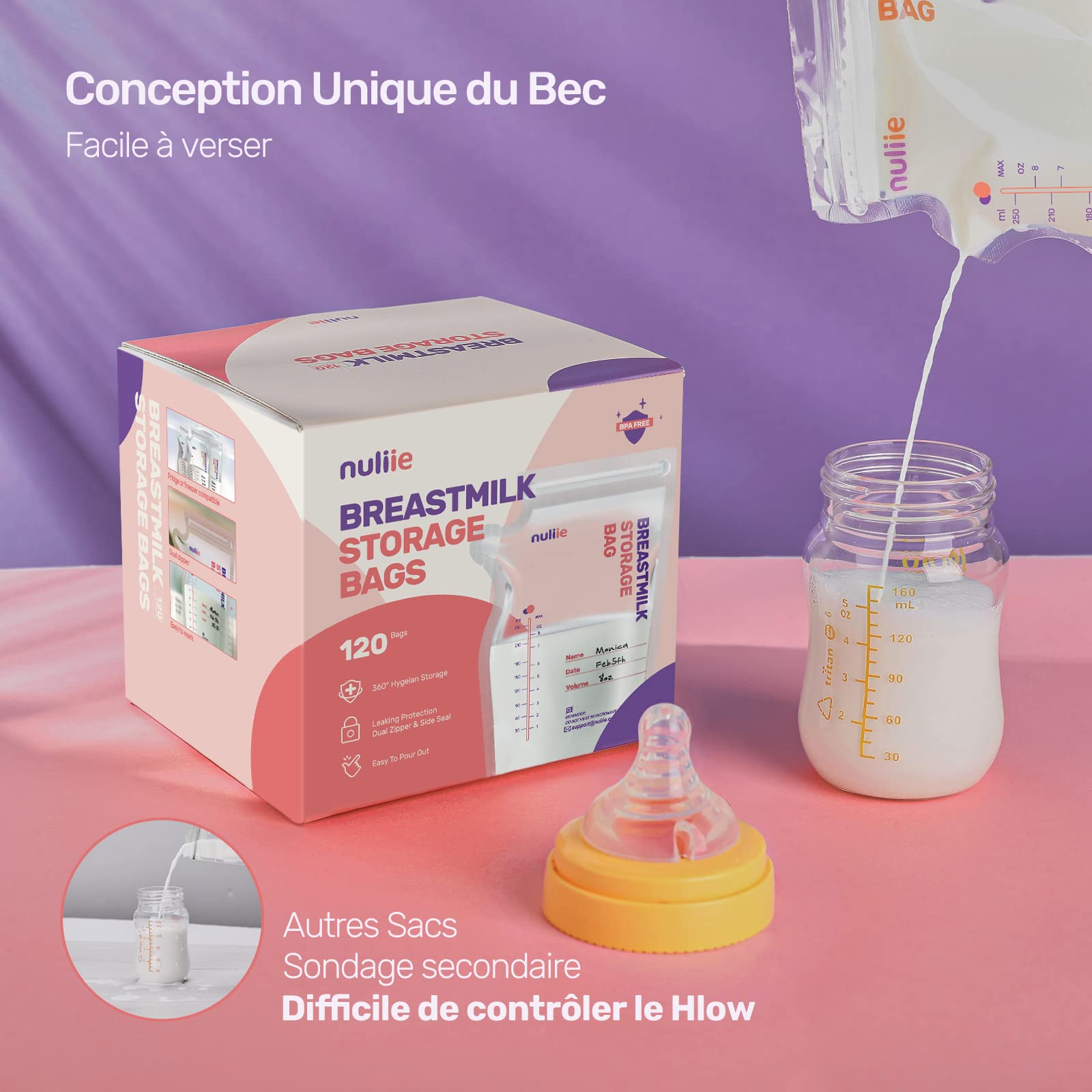 Nuliie Sachets de Conservation Lait Maternel Lot de 120, 250ml sachet conservation lait maternelle pré-stérilisés, sans BPA, double glissière de sécurité, sac congelation lait maternel