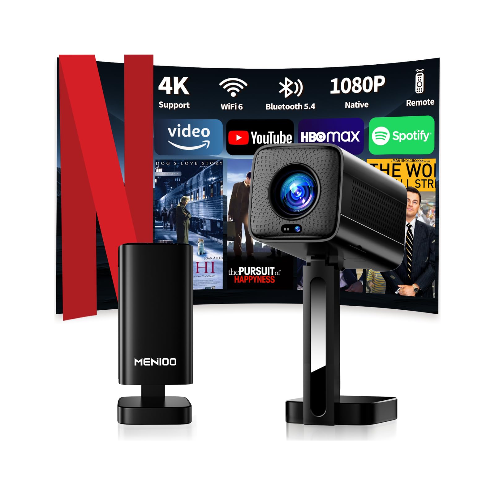 [2026 Upgraded & Apps Integrate] Proiettore 4K Support 1080P & Auto Focus/Keystone e Rotabile 90°, Mini Proiettore con WiFi 6 e Bluetooth 5.4 Compatibile con HDMI/TV Stick/Memory Stick/Laptop - Nero