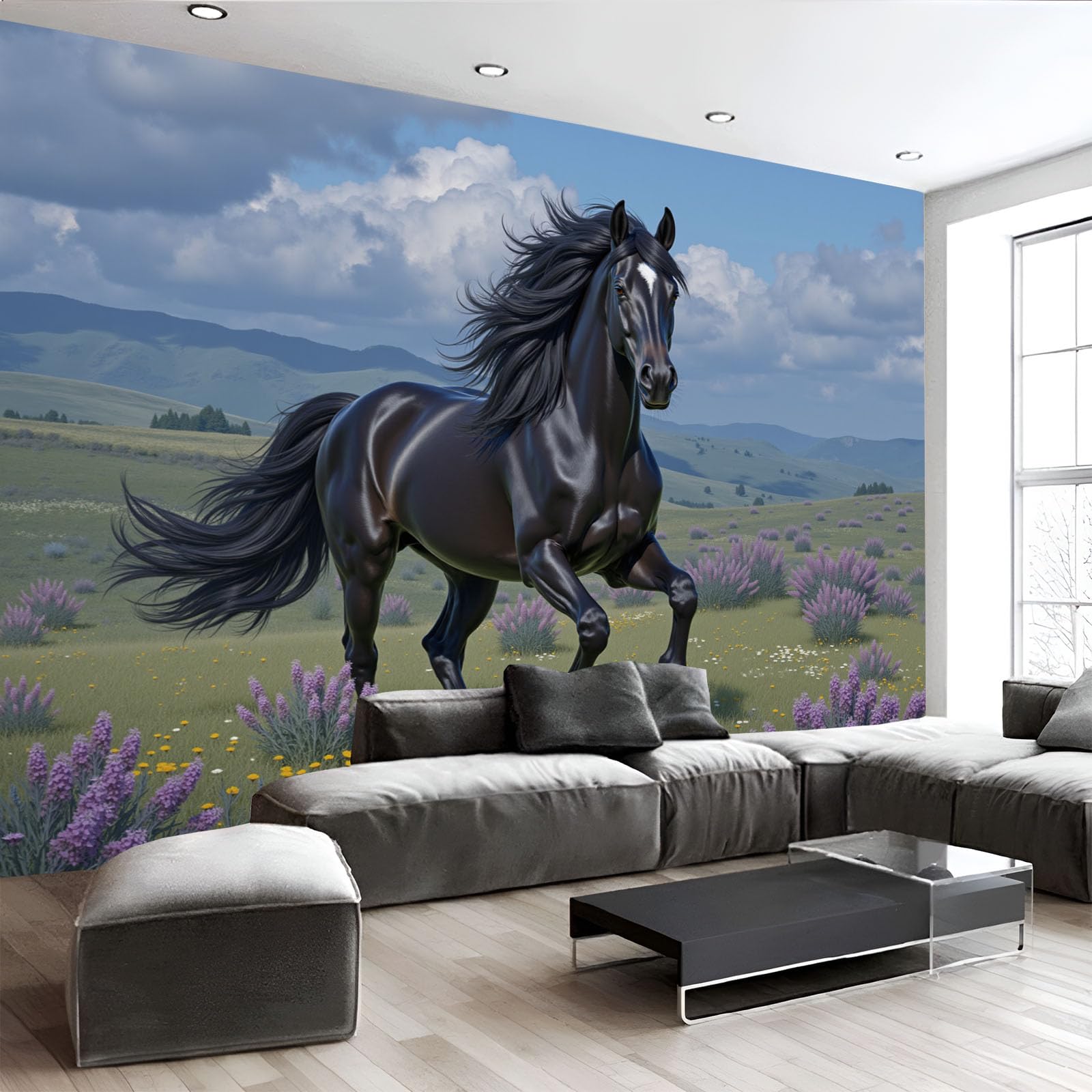 Papier peint panoramique cheval pour habiller le mur du salon