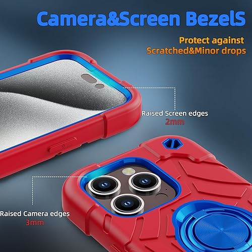 Miniatura 4 de Funda compatible con iPhone 15 Pro con 2 protectores de pantalla soporte de anillo Funda resistente para teléfono de 6.1 pulgadas (rojo y azul)