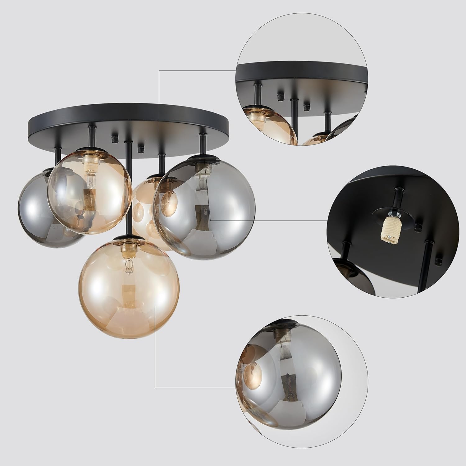 Modern Bubble Ceiling Lighting Fixture, 5-Light Flush Mount Chandelier, Glass Globe Ball and Black Canopy, W14” xH12“, Flush Mount Ceiling Light for Living Room Bedroom Dining Room, G9 Socket