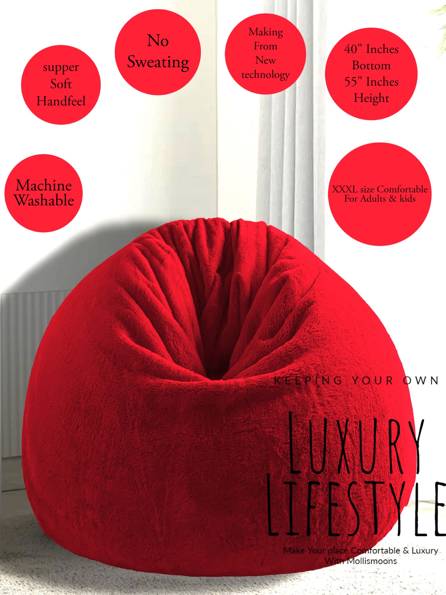 Mollismoons Bean Bag XXXL Size for Adults & Kids Fur bin Bag Luxury Bean Bag Chair (Red, Bean Bag Without Beans Cover(Assembly Required)) 4