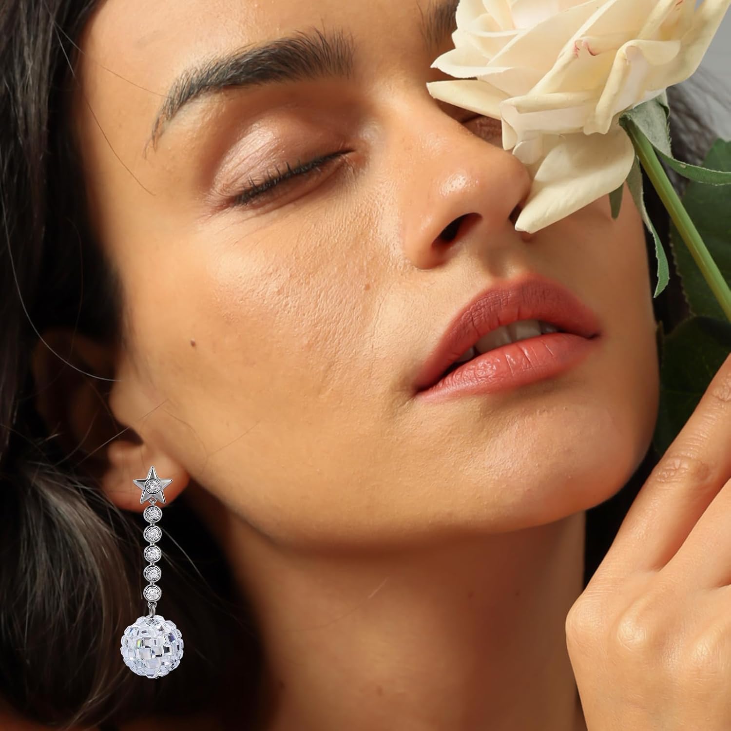 Gold Star Flower Drop Earrings, 925 Sterling Silver Ball Earrings for Women Disco Ball Long Pentagram Pendant Earrings Silver Ball Beadl Everback Drop Dangle Earring for Women Girls Teenagers Jewelry Gifts - Image 5