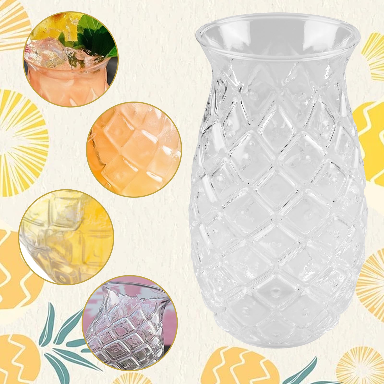 Set di 6 bicchieri di ananas: 400 ml, trasparenti da cocktail con rilievo di ananas, riutilizzabili, bicchieri per feste, succo di frutta, long drink a forma di ananas, perfetti per casa