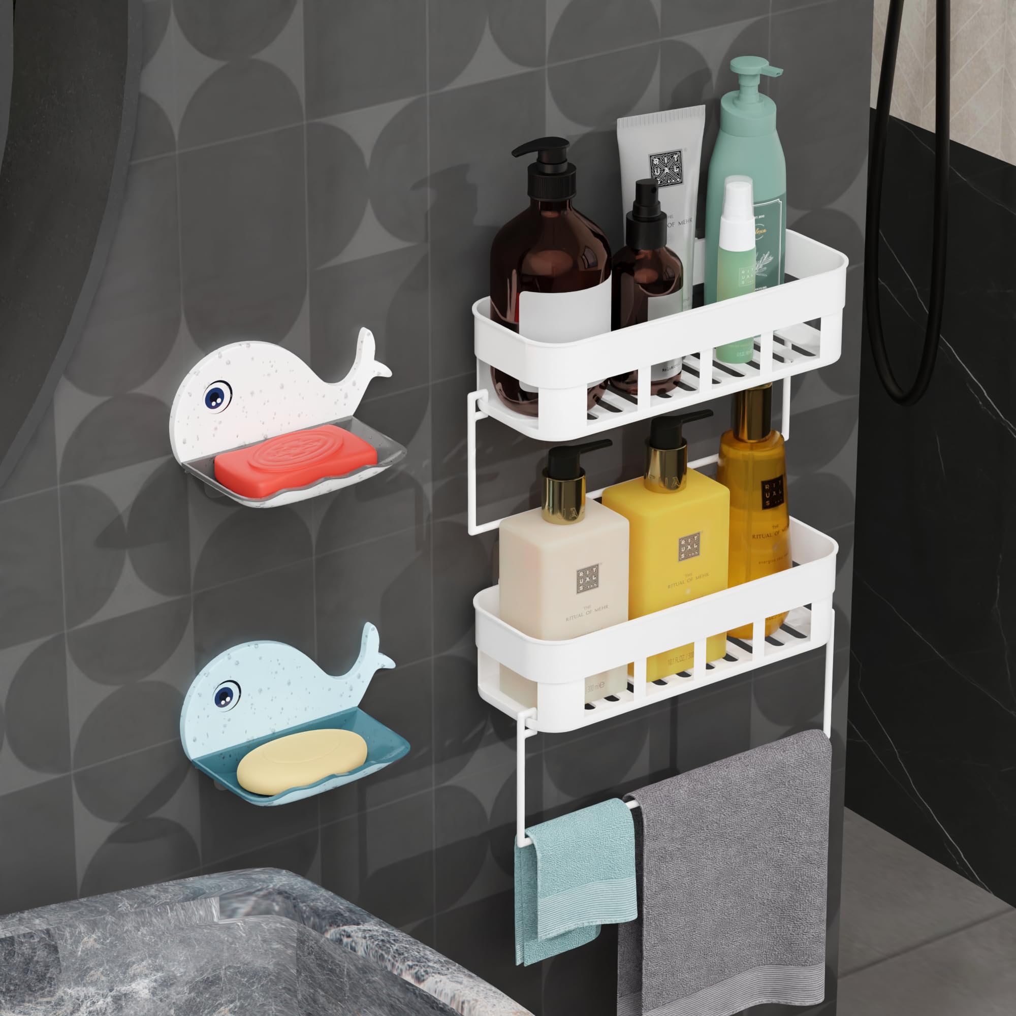 Bathroom Rack Shelf Organizer, Wall Mounted Shelf, For Hardware and Accessories bathroom stand corner shelf for living room and washroom also Self Adhesive (2 SHELF + 2 FISH SOAP DISH + 2 HANGER) (B0CR18VGJJ) Amazon Price History, Amazon Price Tracker