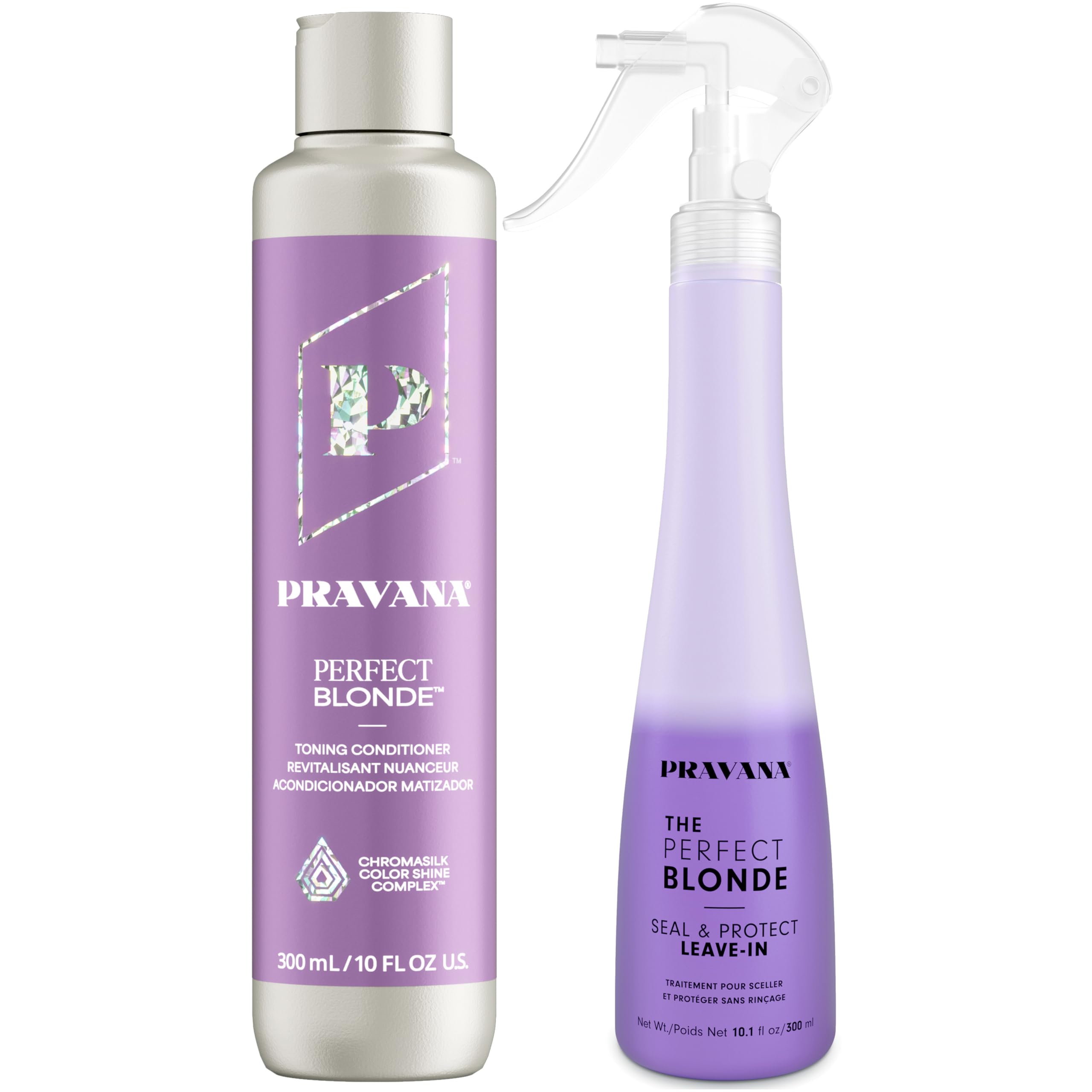 PRAVANA The Perfect Blonde Purple Toning Conditioner & Leave-In | Neutralizes Brassy, Yellow Tones | For Color Treated Hair | Chromasilk Enhances Shine & Protection | Vegan & Paraben Free | 10 Fl Oz